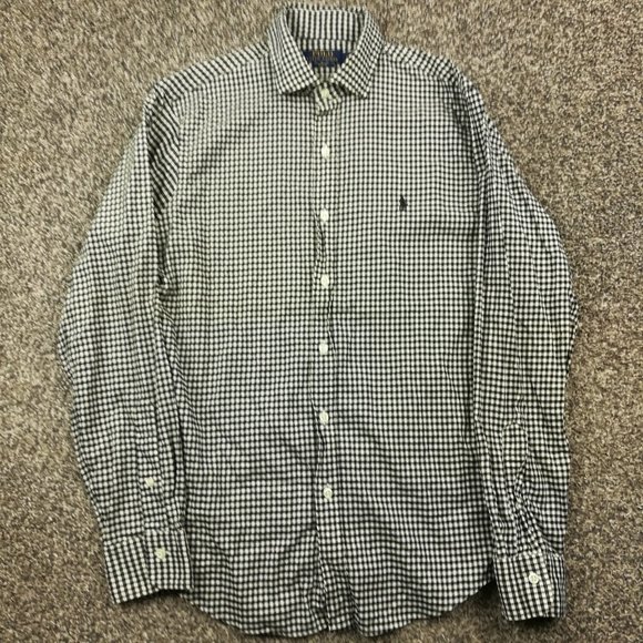 Ralph Lauren Shirt Gingham Checked LS Button Down Black Mens Medium Slim Fit - Picture 2 of 9